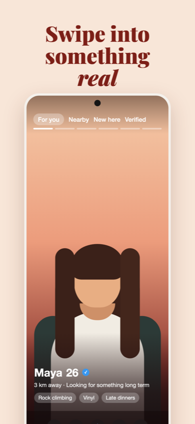The Flame swipe deck, with For you, Nearby, New here and Verified filters above a profile card showing age, distance and what she is looking for
