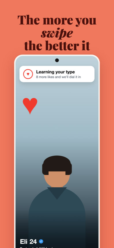 A Flame profile card being swiped, with a panel reading “Learning your type — 8 more likes and we’ll dial it in”