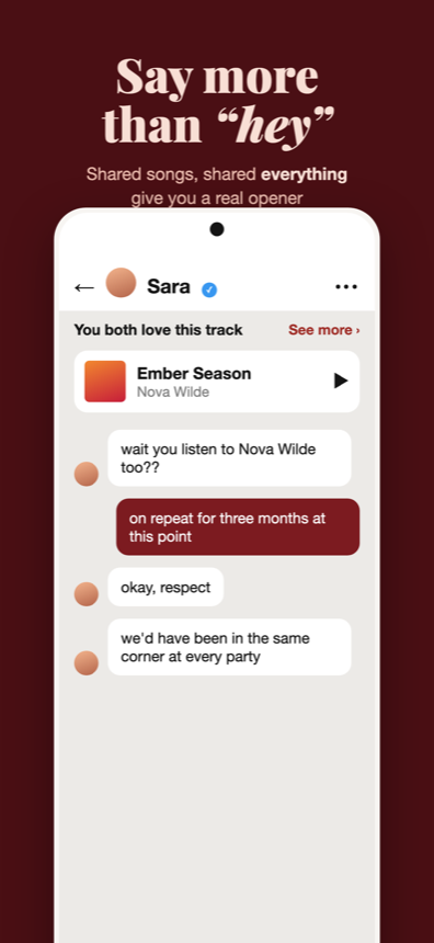 A Flame chat where both people love the same track, with Ember Season by Nova Wilde pinned above the conversation as an opener