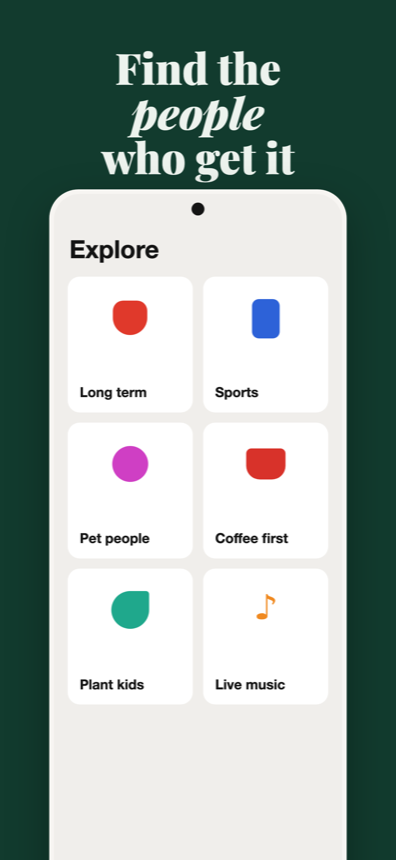 Flame’s Explore screen, with people grouped by Long term, Sports, Pet people, Coffee first, Plant kids and Live music