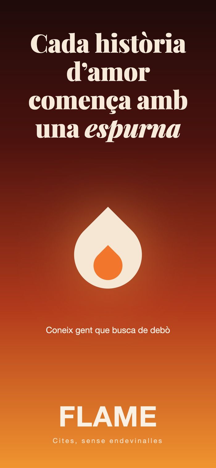 Pantalla inicial de Flame: la flama sobre un degradat càlid, sota «Tota història d’amor comença amb una espurna»