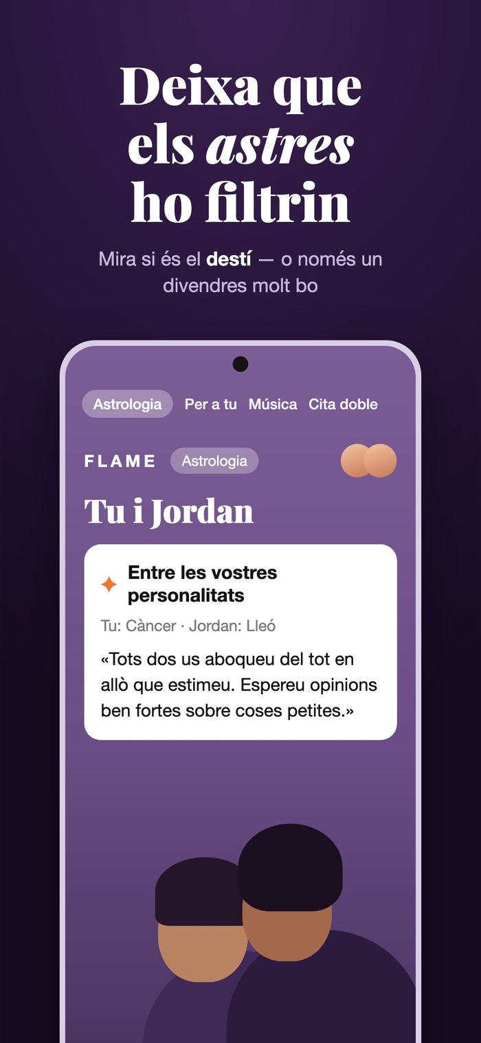 La pantalla d’astrologia de Flame comparant dues cartes sota «Entre les vostres personalitats»