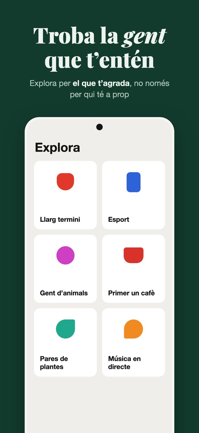 La pantalla Explorar de Flame amb gent agrupada per Alguna cosa seriosa, Esport, Amb mascota, Primer cafè, Plantes i Música en directe