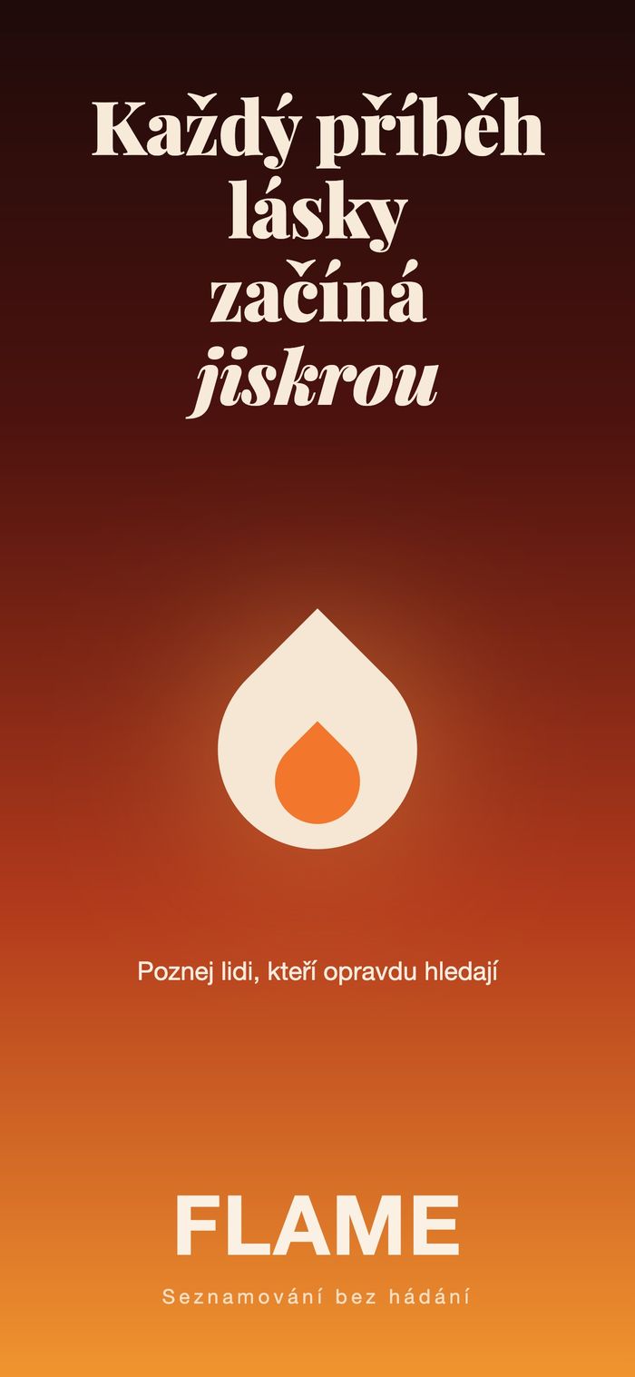 Úvodní obrazovka Flame: plamen na teplém přechodu pod větou „Každý příběh lásky začíná jiskrou“