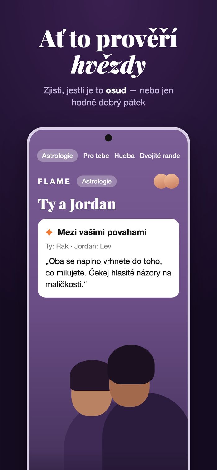 Astrologická obrazovka Flame porovnává dva horoskopy pod nadpisem „Mezi vašimi povahami“