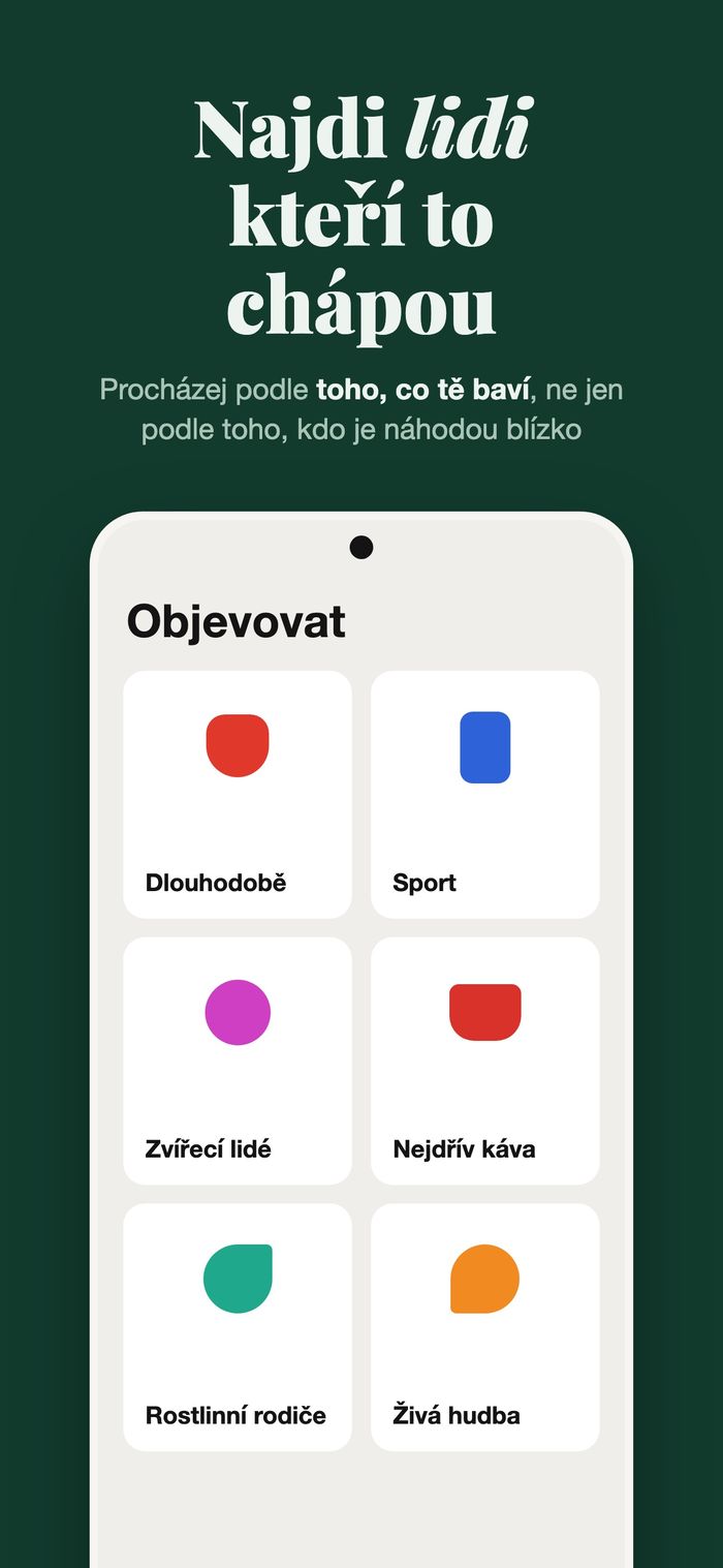 Obrazovka Objevovat ve Flame s lidmi seskupenými podle Něco vážného, Sport, Se zvířetem, Nejdřív káva, Rostliny a Živá hudba