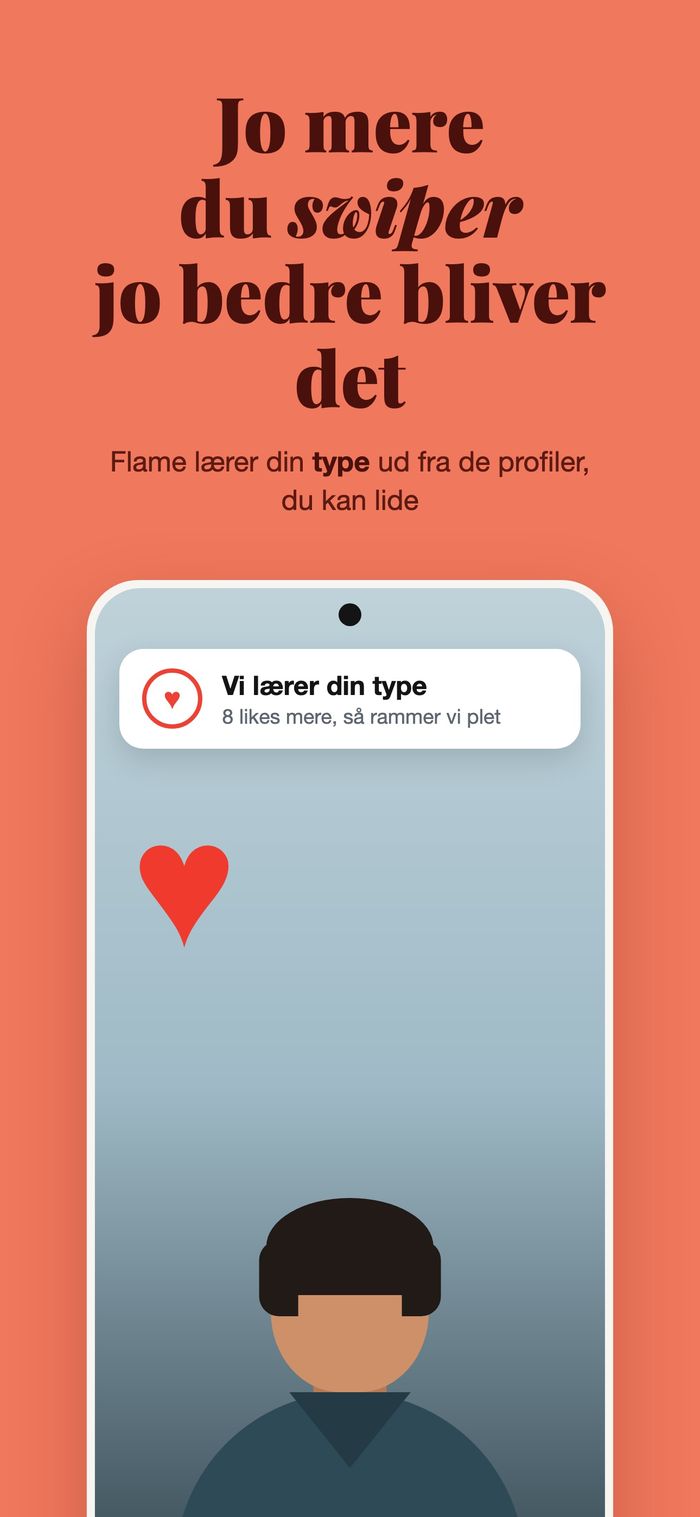 Et profilkort med panelet “Vi lærer din type”, under “Jo mere du swiper, jo bedre bliver det”