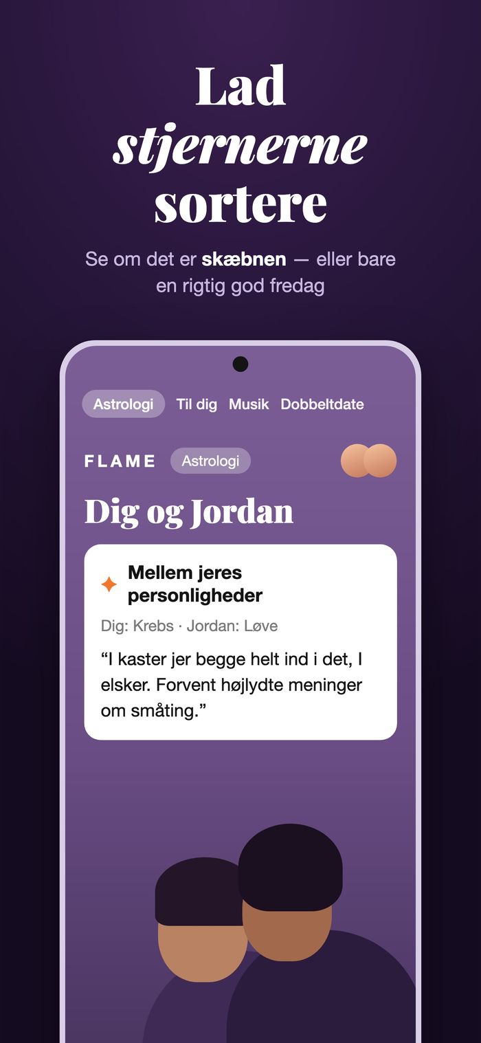 Flames astrologiskærm sammenligner to horoskoper under “Mellem jeres personligheder”