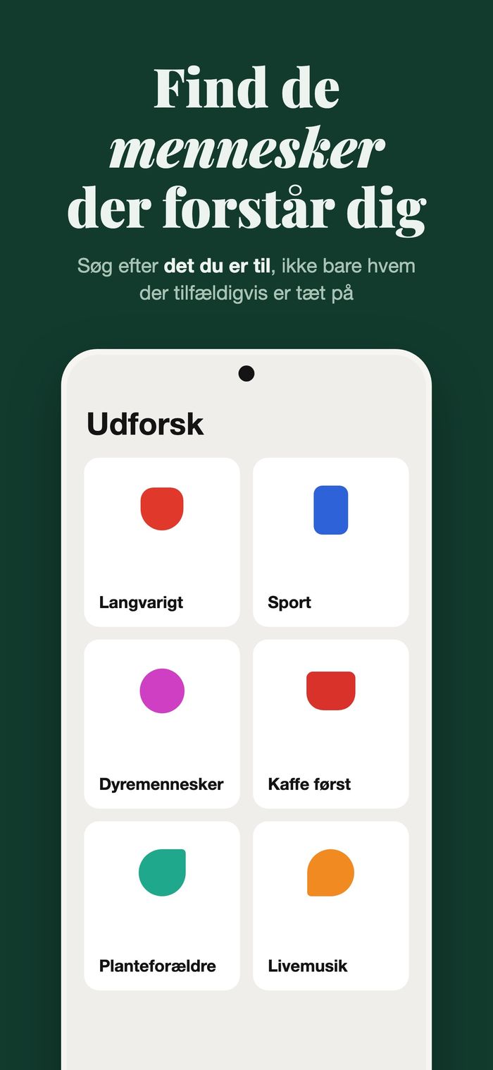 Flames Udforsk-skærm med folk grupperet efter Noget seriøst, Sport, Med kæledyr, Kaffe først, Planter og Livemusik