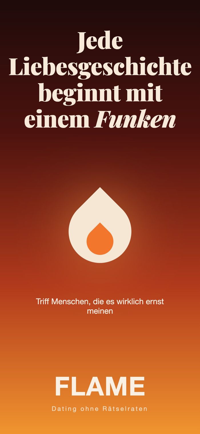 Startbildschirm von Flame: die Flamme auf warmem Verlauf, unter „Jede Liebesgeschichte beginnt mit einem Funken“