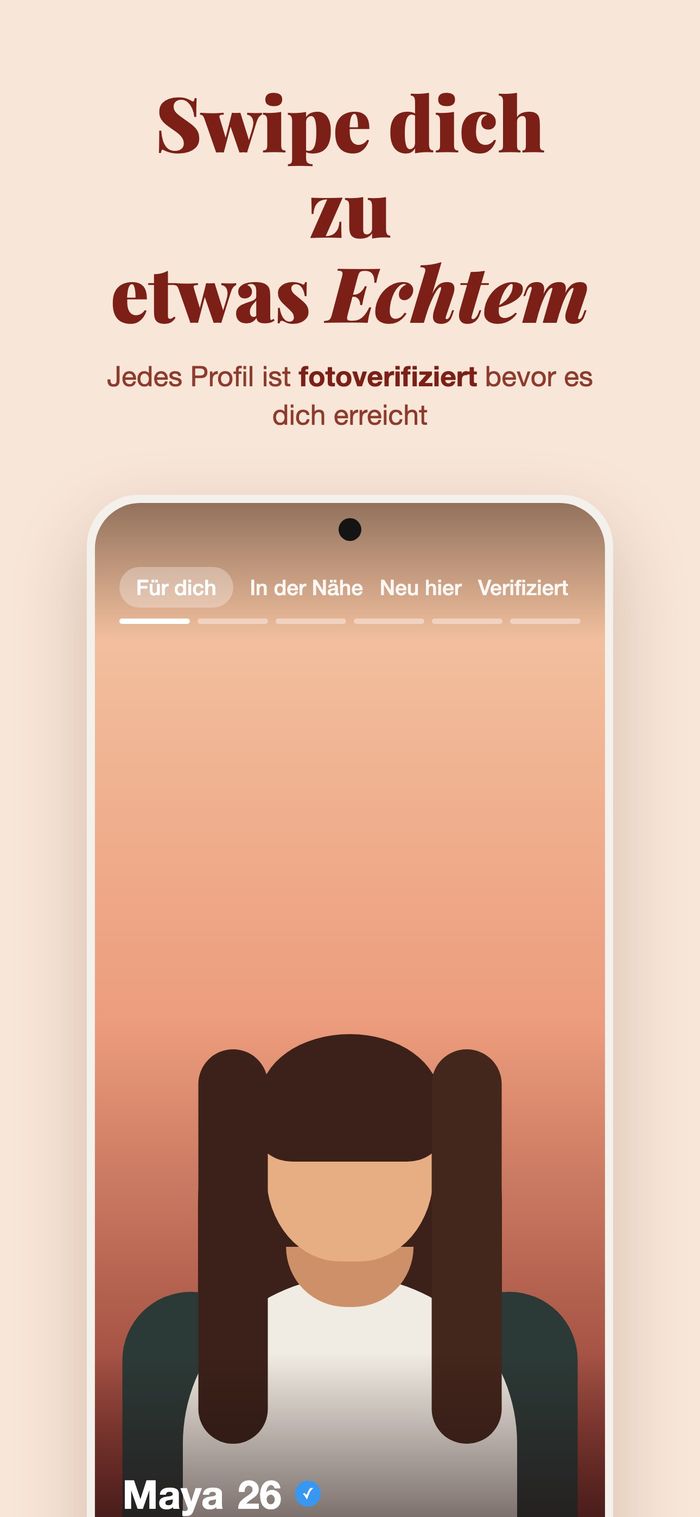 Der Kartenstapel von Flame mit den Filtern Für dich, In der Nähe, Neu hier und Verifiziert, unter „Wisch zu etwas Echtem — jedes Profil wird fotoverifiziert“