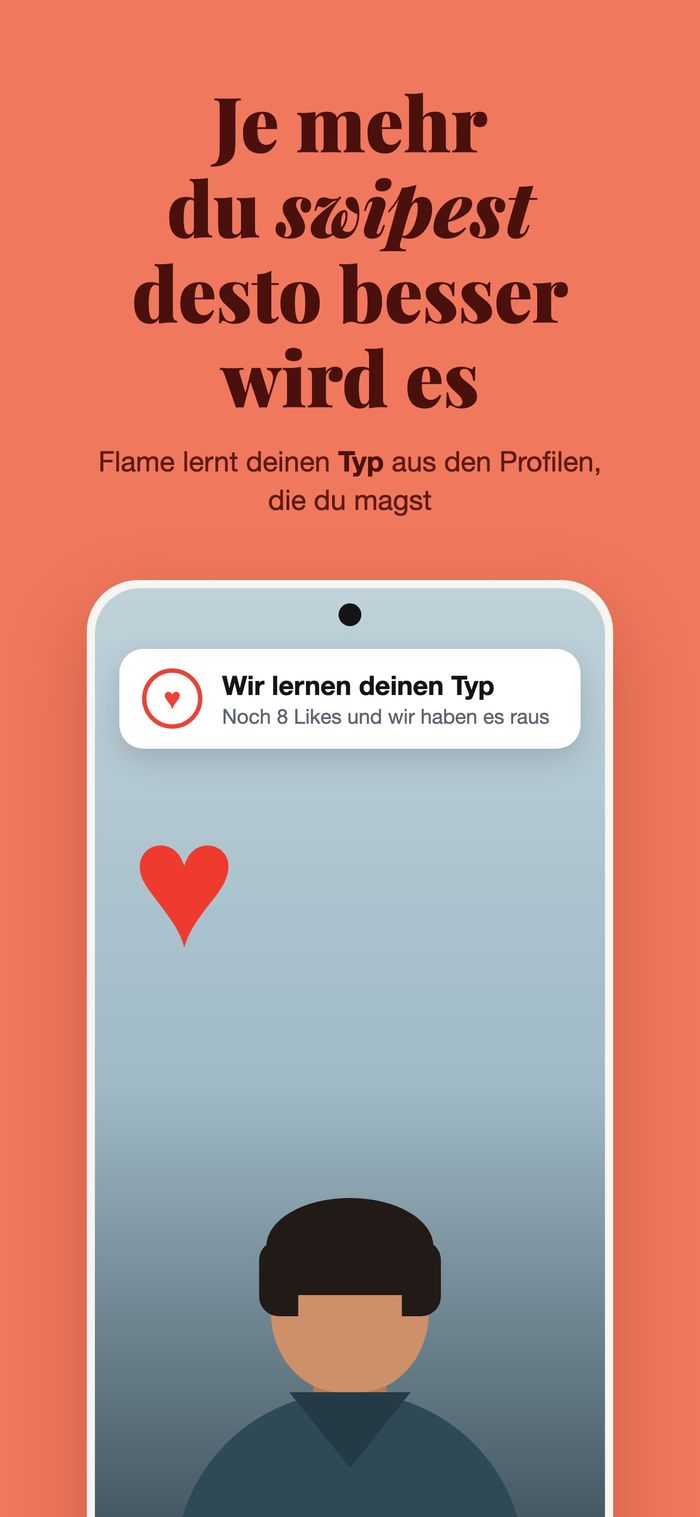Eine Profilkarte mit dem Hinweis „Wir lernen deinen Typ“, unter „Je mehr du wischst, desto besser wird es“