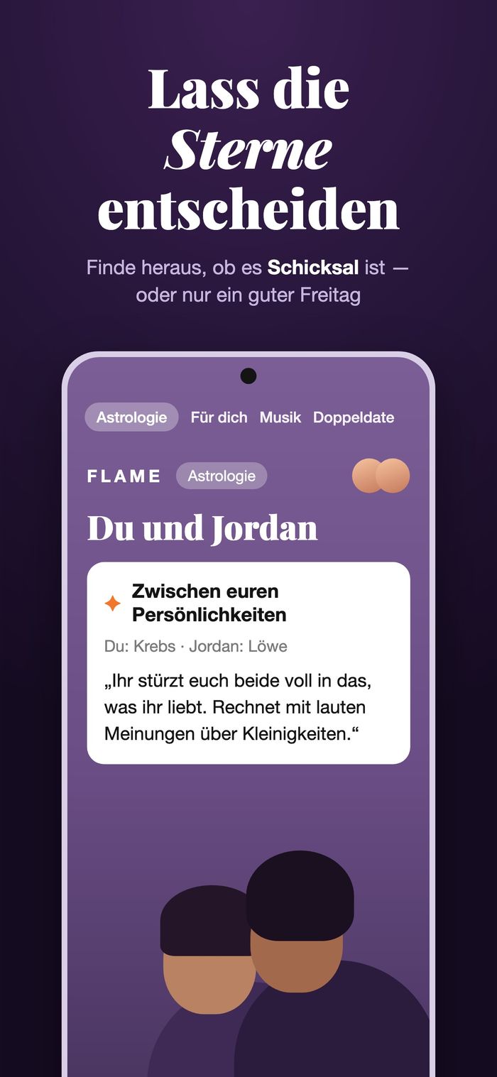 Der Astrologie-Bildschirm von Flame vergleicht zwei Horoskope unter „Zwischen euren Persönlichkeiten“