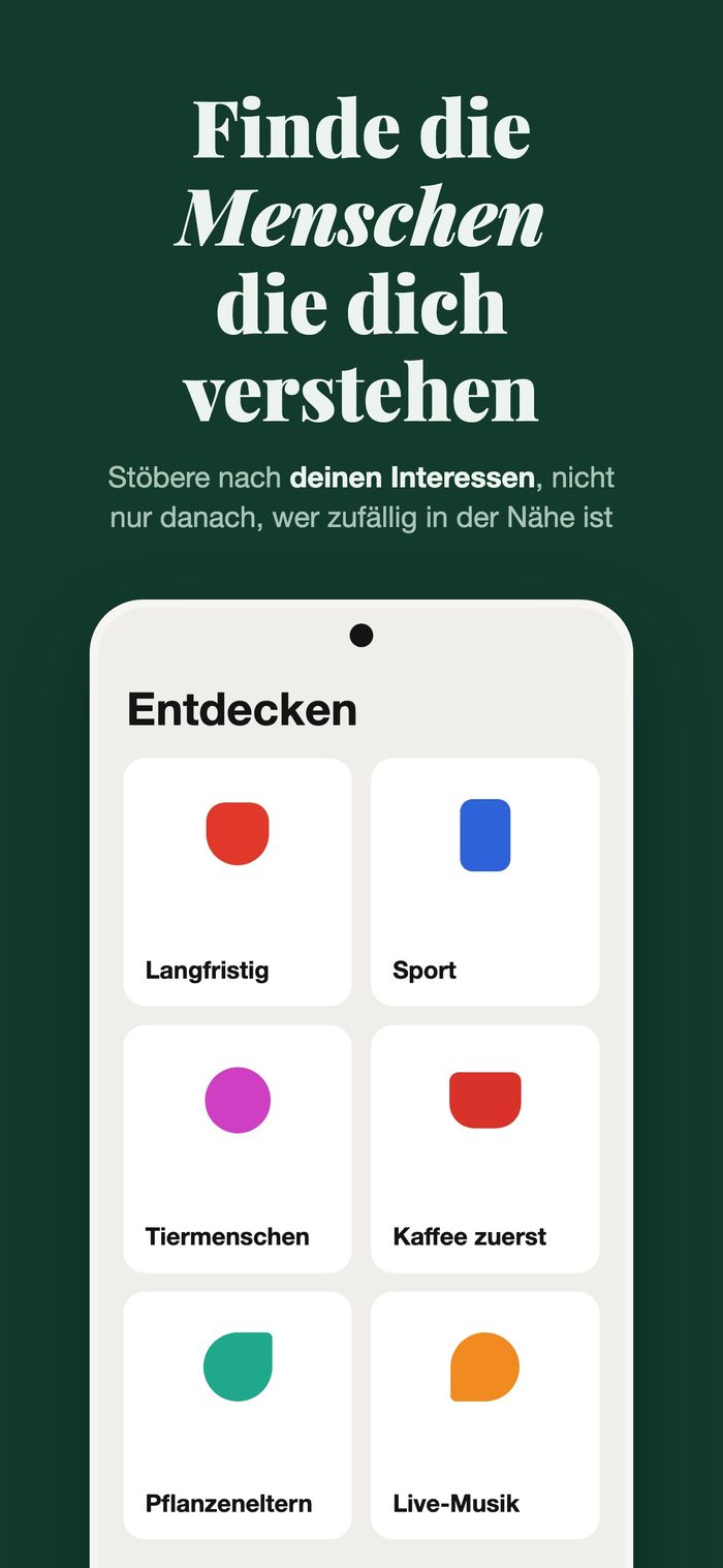 Der Entdecken-Bildschirm von Flame mit Menschen nach Etwas Ernstes, Sport, Mit Haustier, Erst Kaffee, Pflanzen und Live-Musik