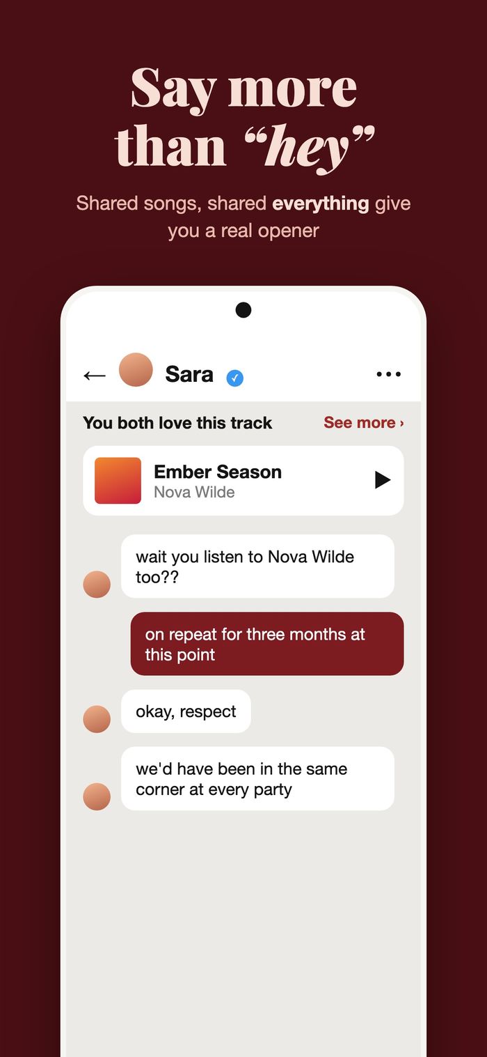 A Flame chat where both people love the same track, with Ember Season by Nova Wilde pinned above the conversation as an opener