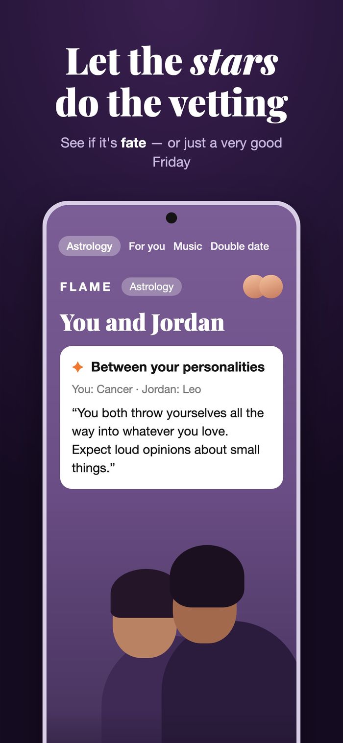 Flame’s astrology screen comparing two star charts under the heading “Between your personalities”