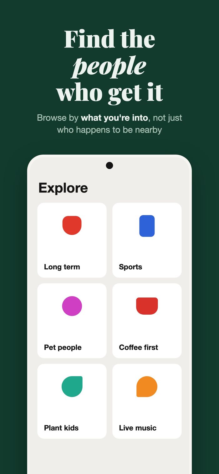 Flame’s Explore screen with people grouped by Long term, Sports, Pet people, Coffee first, Plant kids and Live music