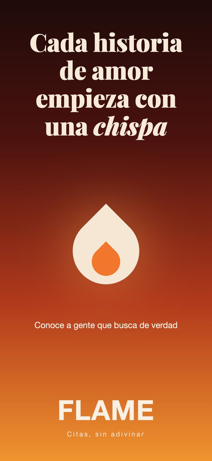 Pantalla de inicio de Flame: el logo de la llama sobre un degradado cálido, bajo la frase «Toda historia de amor empieza con una chispa»
