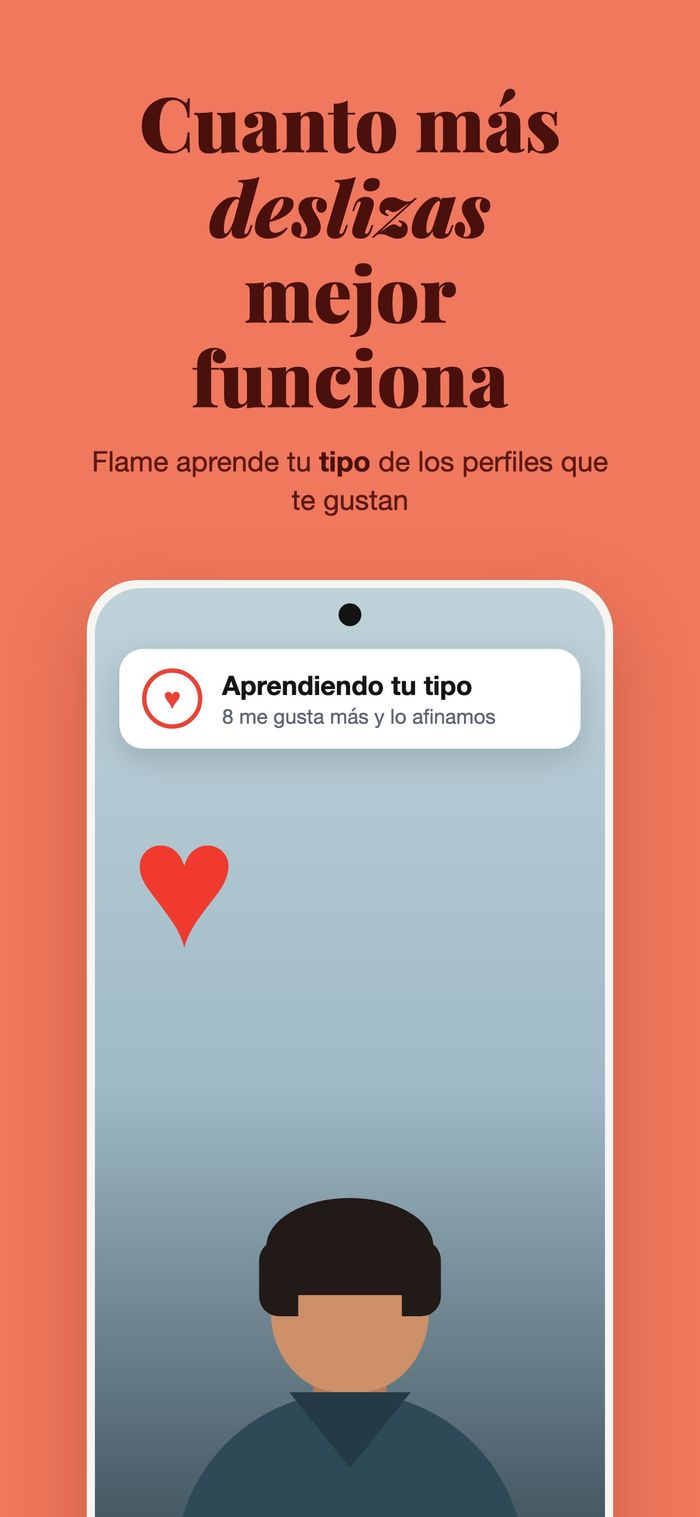 Una tarjeta de perfil con el panel «Aprendiendo tu tipo», bajo «Cuanto más deslizas, mejor funciona»