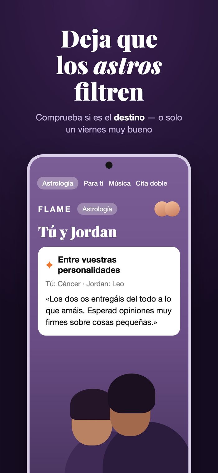 La pantalla de astrología de Flame comparando dos cartas astrales bajo «Entre vuestras personalidades»