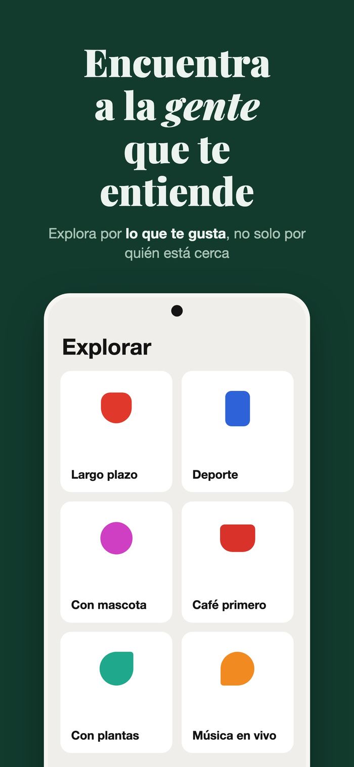 La pantalla Explorar de Flame con gente agrupada por Algo serio, Deporte, Con mascota, Café primero, Plantas y Música en vivo
