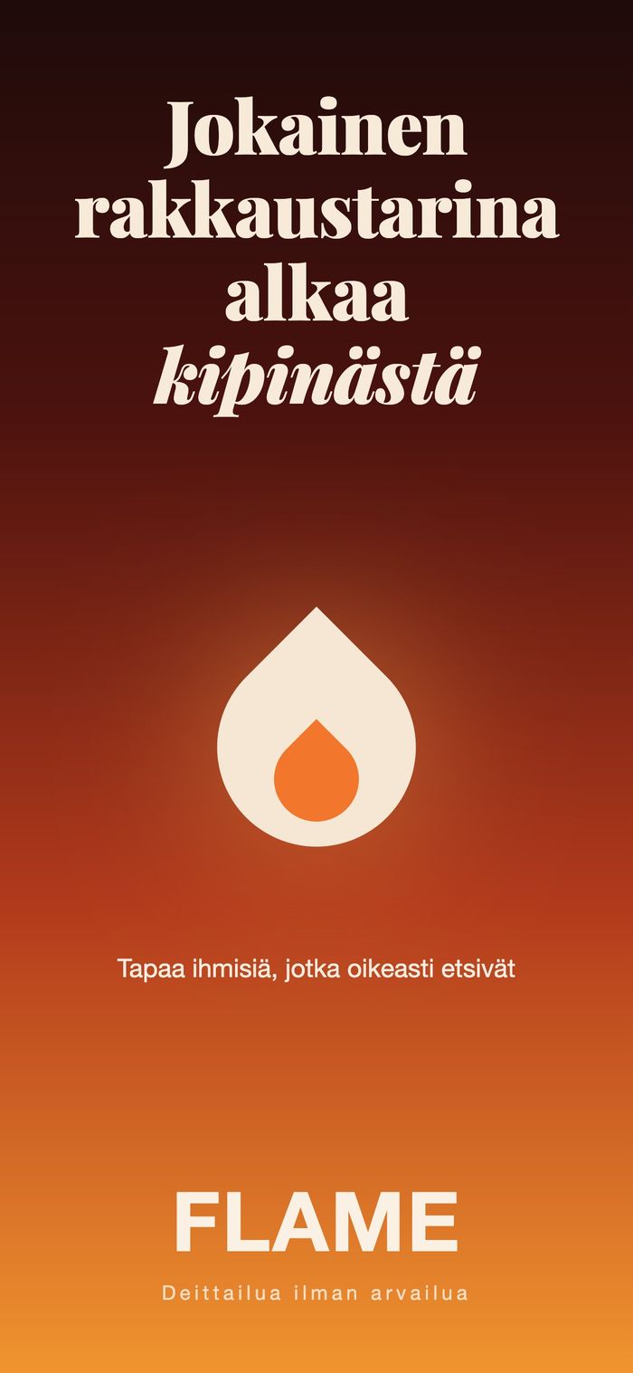 Flamen aloitusnäyttö: liekkimerkki lämpimällä liukuvärillä, tekstin ”Jokainen rakkaustarina alkaa kipinästä” alla