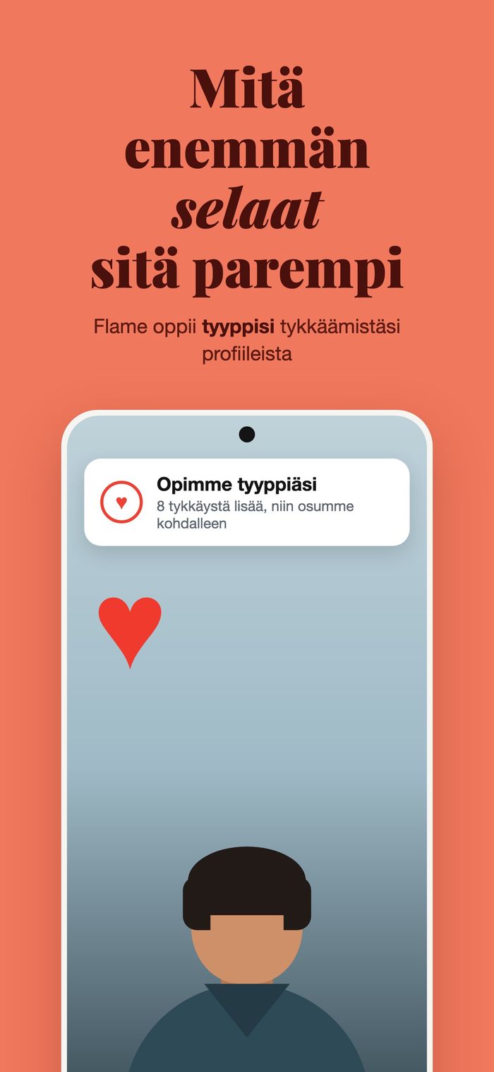 Profiilikortti paneelilla ”Opettelemme tyyppiäsi”, tekstin ”Mitä enemmän pyyhkäiset, sitä paremmin se toimii” alla