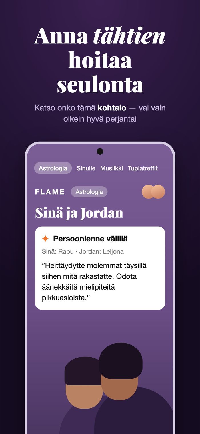 Flamen astrologianäyttö vertaa kahta karttaa otsikon ”Persoonienne välillä” alla