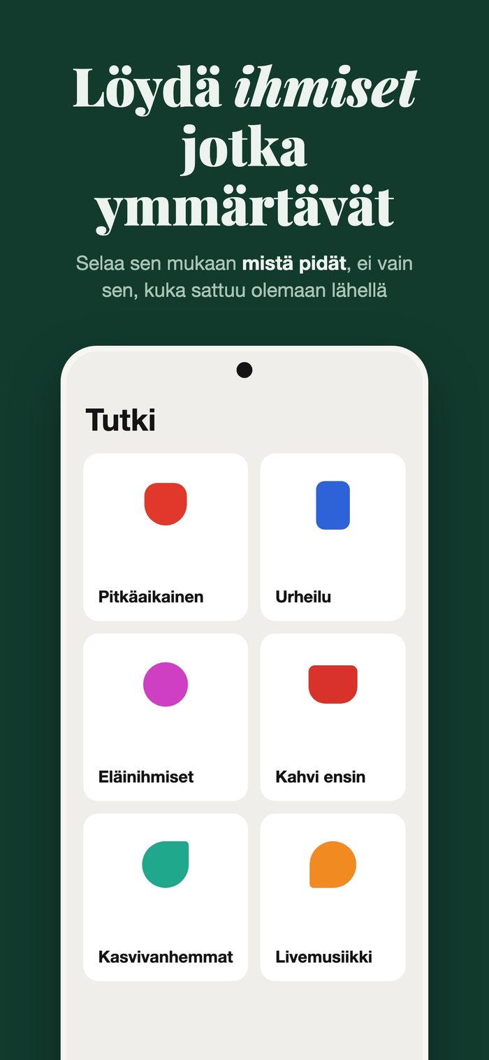 Flamen Tutki-näyttö, jossa ihmiset on ryhmitelty: Jotain vakavaa, Urheilu, Lemmikin kanssa, Kahvi ensin, Kasvit ja Livemusiikki