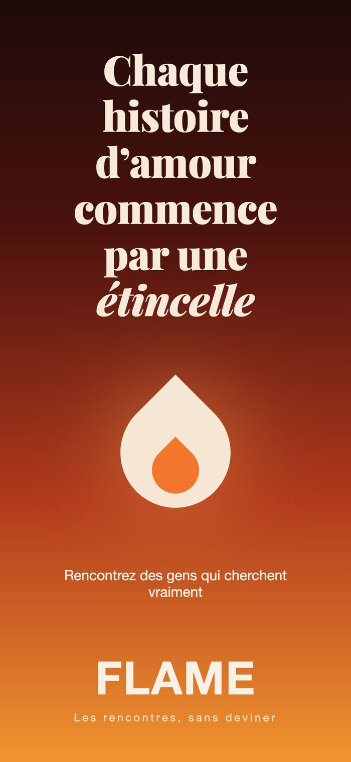 Écran d’ouverture de Flame : la flamme sur un dégradé chaud, sous « Toute histoire d’amour commence par une étincelle »