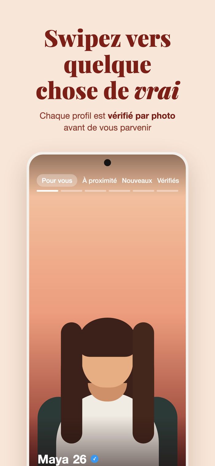 Le paquet de cartes de Flame avec les filtres Pour vous, À proximité, Nouveaux et Vérifiés, sous « Glissez vers du vrai : chaque profil passe une vérification photo »