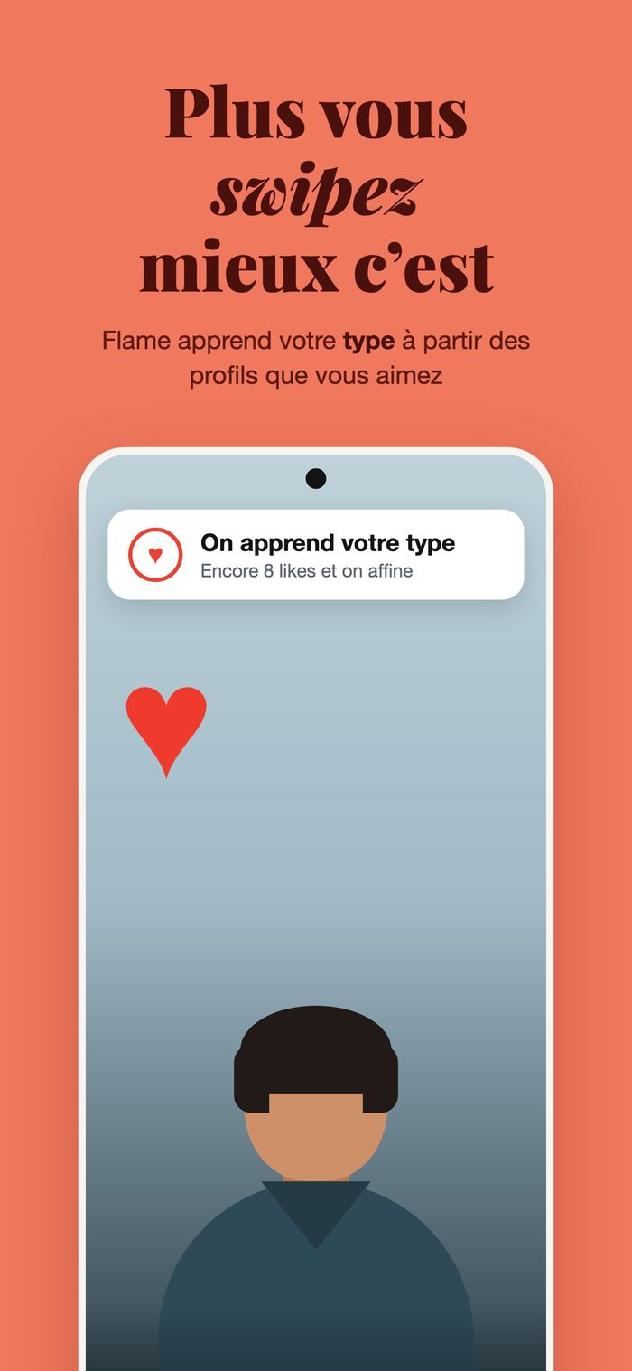 Une carte de profil avec le panneau « On apprend votre type », sous « Plus vous glissez, mieux ça marche »