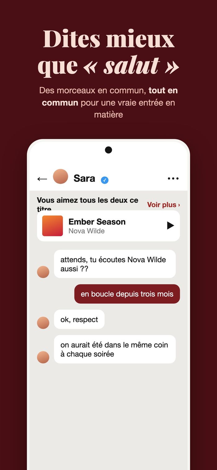 Une conversation Flame où les deux aiment le même morceau, avec Ember Season de Nova Wilde épinglé en haut