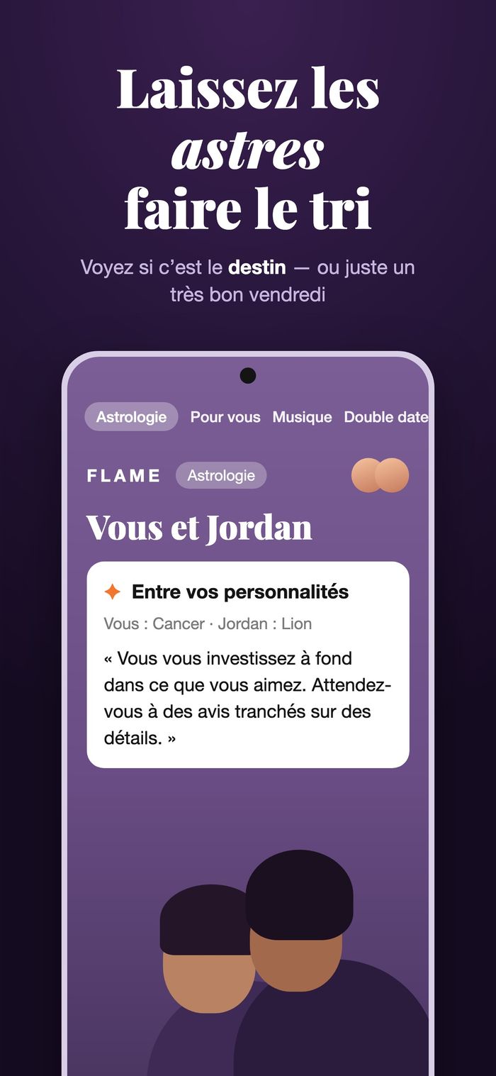 L’écran astrologie de Flame comparant deux thèmes sous « Entre vos personnalités »