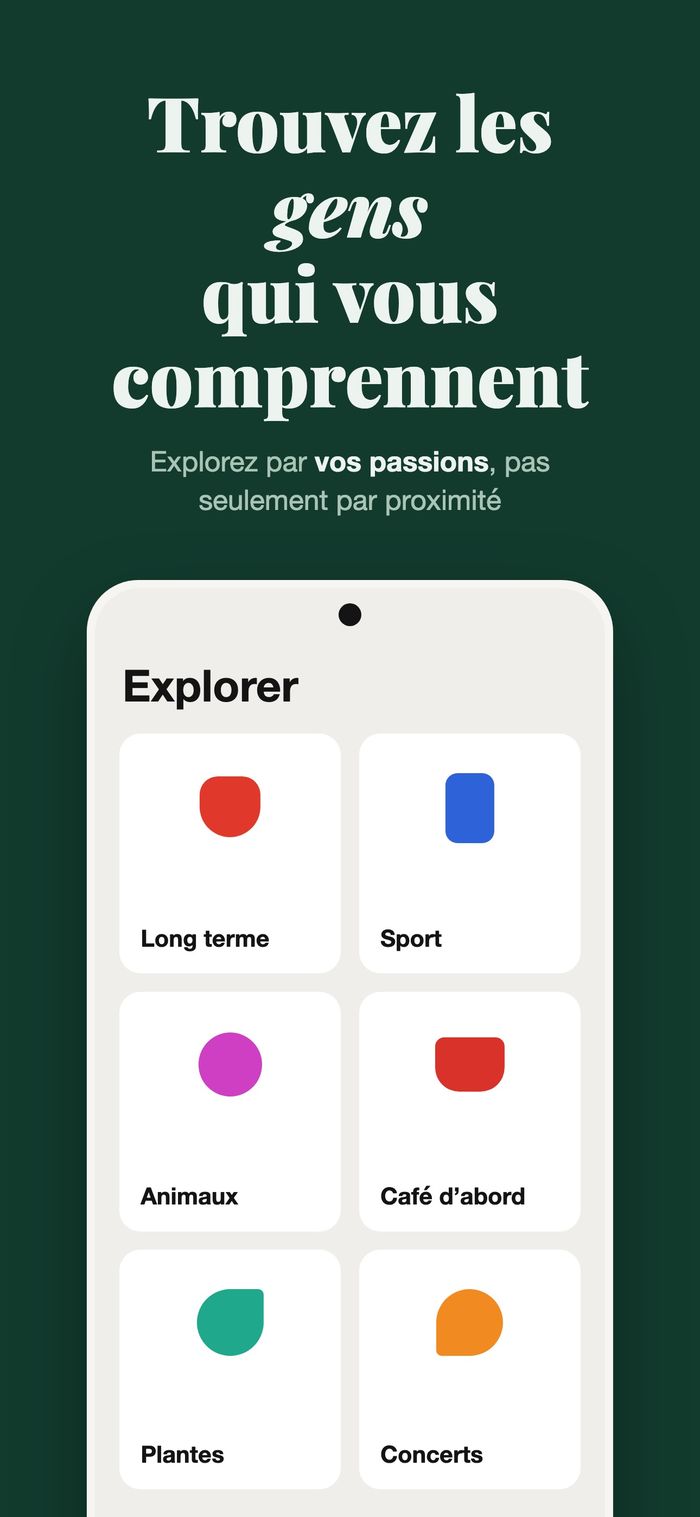 L’écran Explorer de Flame, gens regroupés par Du sérieux, Sport, Avec un animal, Café d’abord, Plantes et Concerts