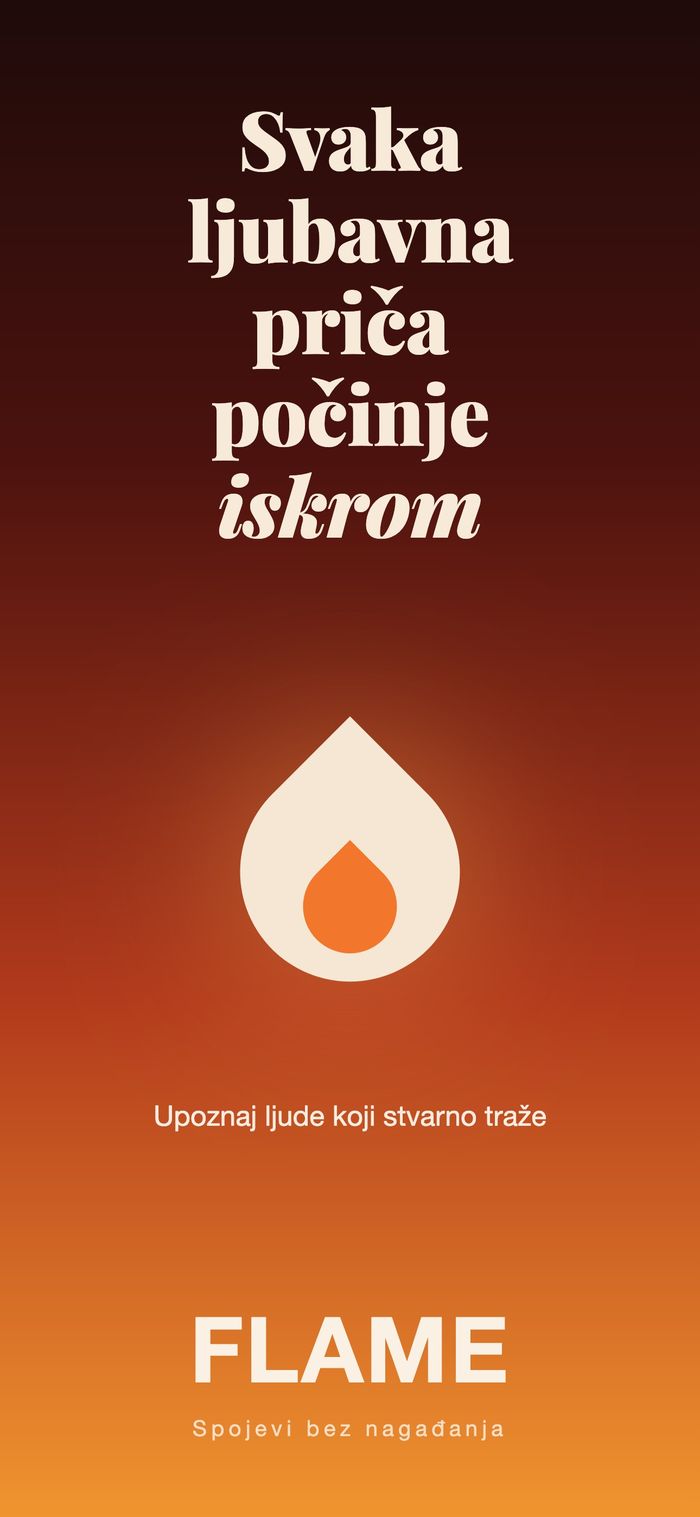 Početni zaslon Flamea: plamen na toplom prijelazu ispod rečenice „Svaka ljubavna priča počinje iskrom“