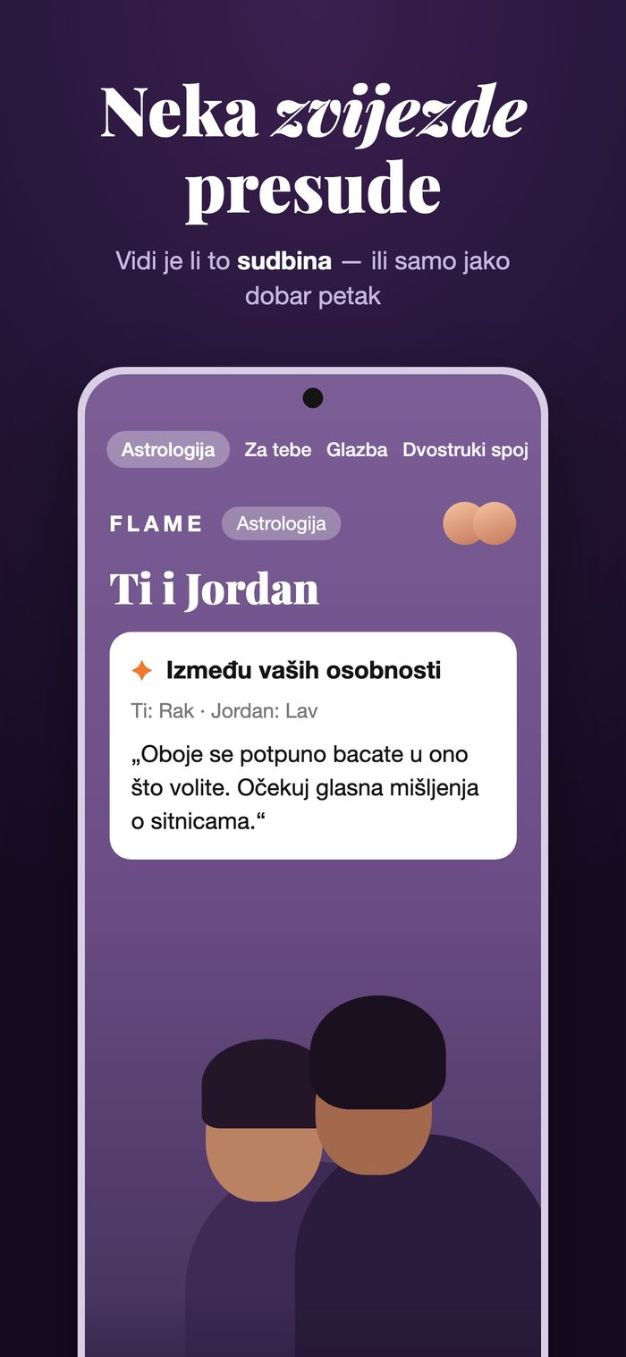 Astrološki zaslon Flamea uspoređuje dvije karte ispod naslova „Između vaših osobnosti“