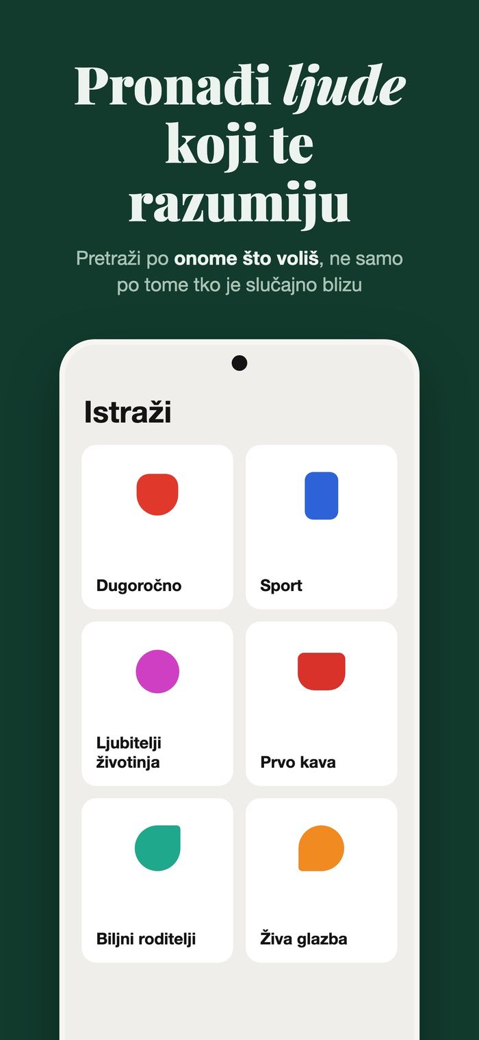 Zaslon Istraži u Flameu s ljudima grupiranima po Nešto ozbiljno, Sport, S ljubimcem, Prvo kava, Biljke i Živa glazba