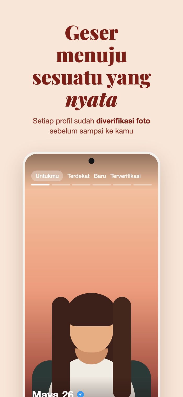 Tumpukan kartu Flame dengan filter Untukmu, Terdekat, Baru di sini, dan Terverifikasi, di bawah “Geser ke sesuatu yang nyata — setiap profil melewati verifikasi foto”
