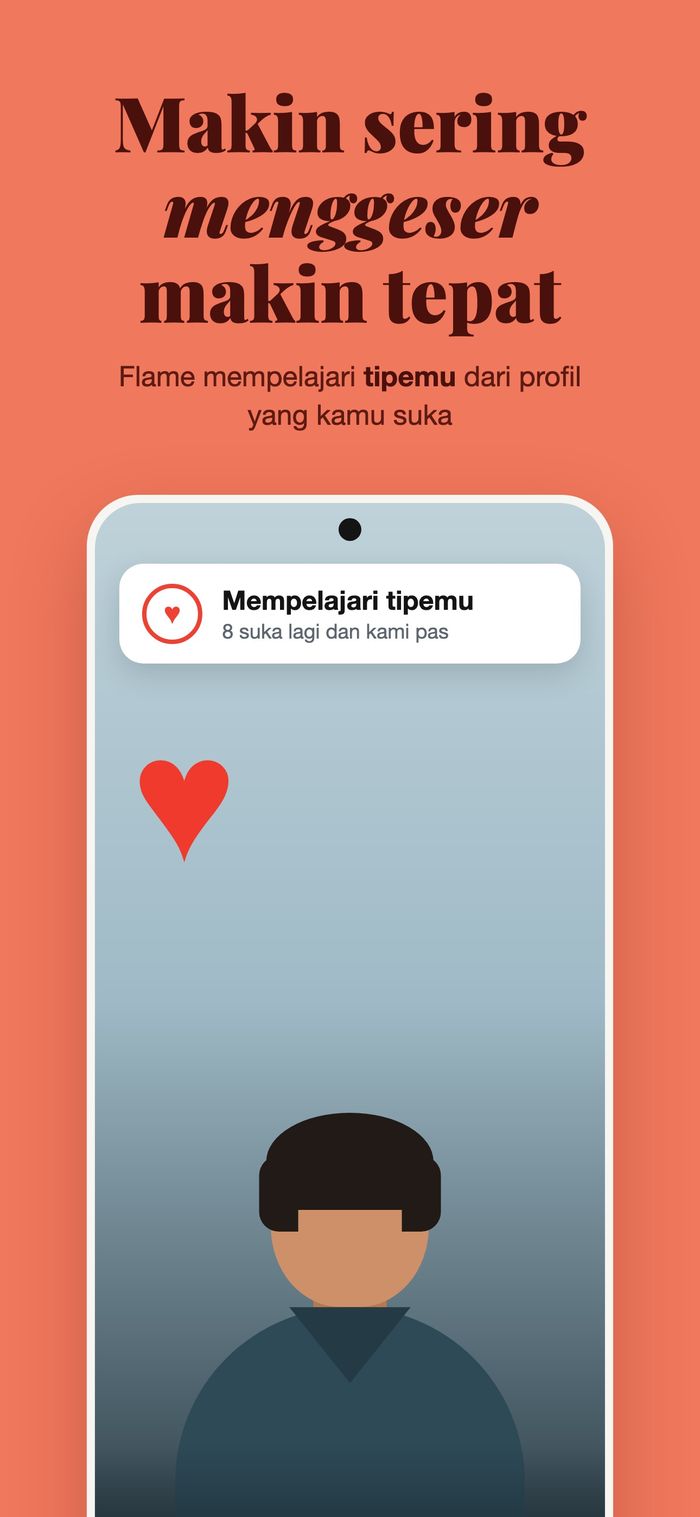 Kartu profil dengan panel “Mempelajari tipemu”, di bawah “Makin sering menggeser, makin akurat”