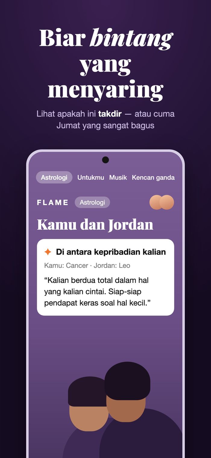 Layar astrologi Flame membandingkan dua bagan di bawah judul “Antara kepribadian kalian”