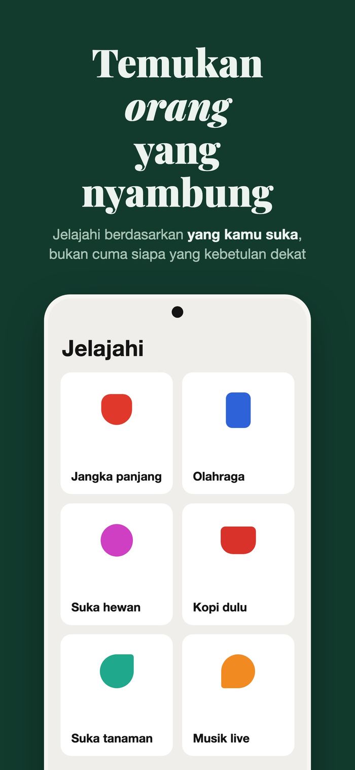 Layar Jelajahi Flame dengan orang dikelompokkan menurut Yang serius, Olahraga, Punya peliharaan, Kopi dulu, Tanaman, dan Musik live