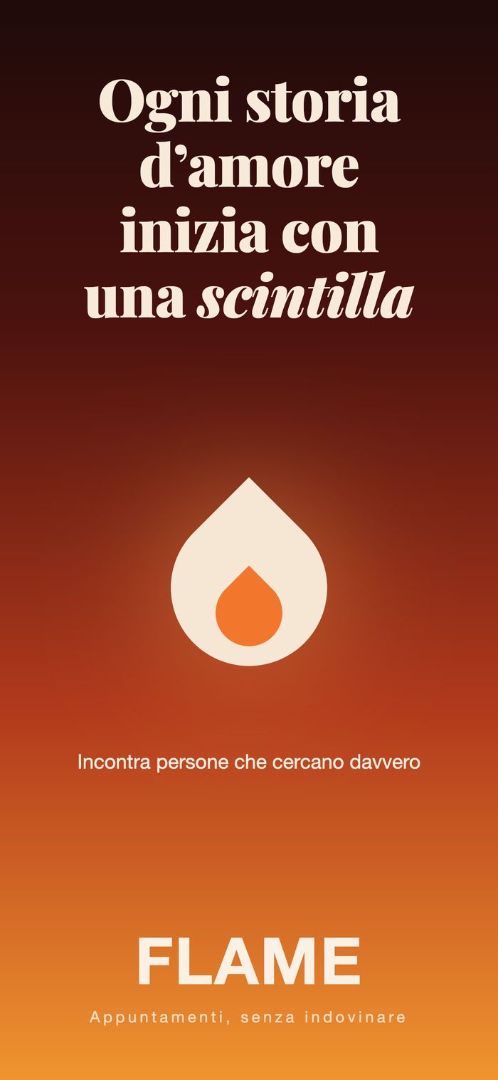 Schermata iniziale di Flame: la fiamma su un gradiente caldo, sotto «Ogni storia d’amore inizia con una scintilla»