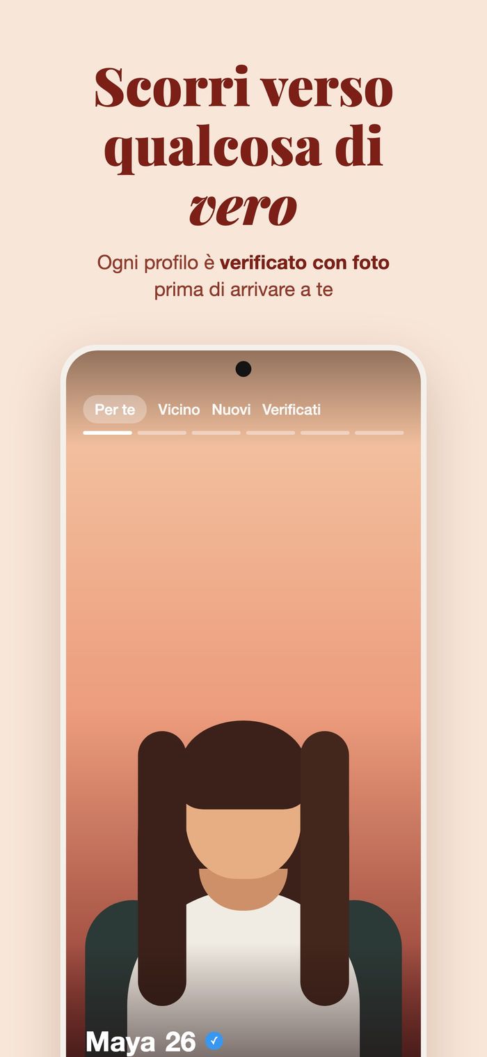 Il mazzo di Flame con i filtri Per te, Vicino, Nuovi e Verificati, sotto «Scorri verso qualcosa di vero: ogni profilo passa dalla verifica della foto»