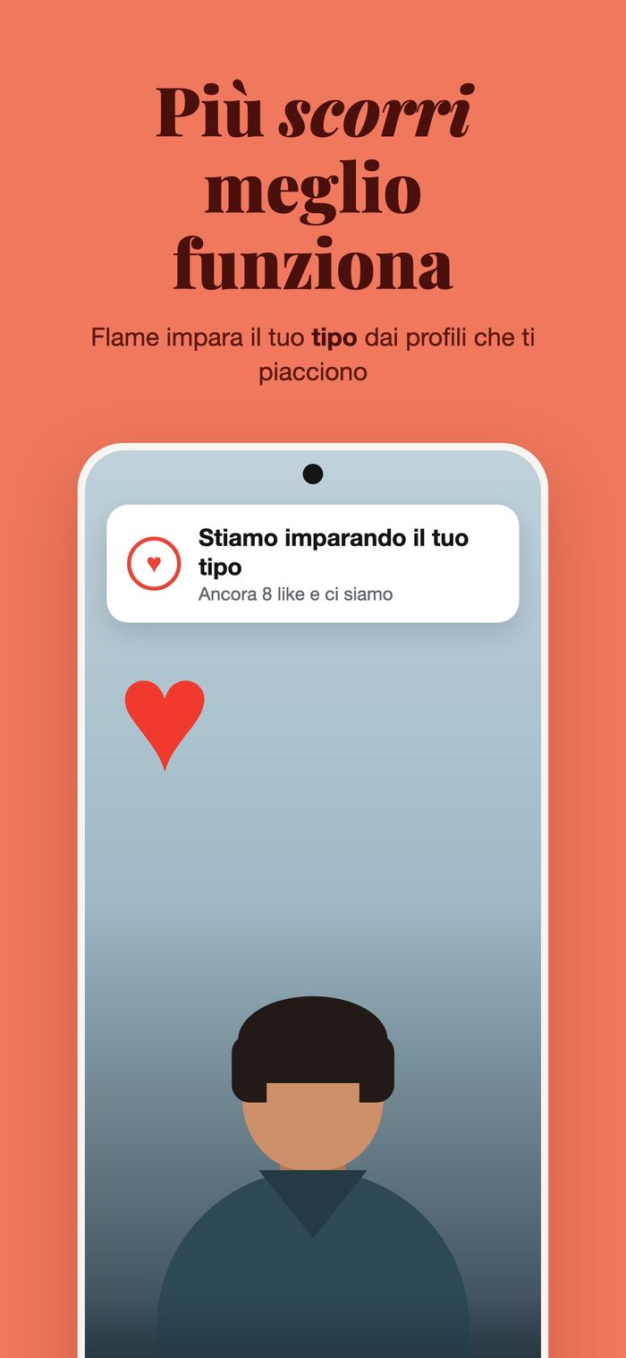 Una scheda profilo con il pannello «Stiamo imparando il tuo tipo», sotto «Più scorri, meglio funziona»