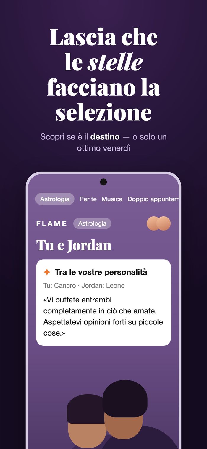 La schermata astrologia di Flame che confronta due carte sotto «Tra le vostre personalità»