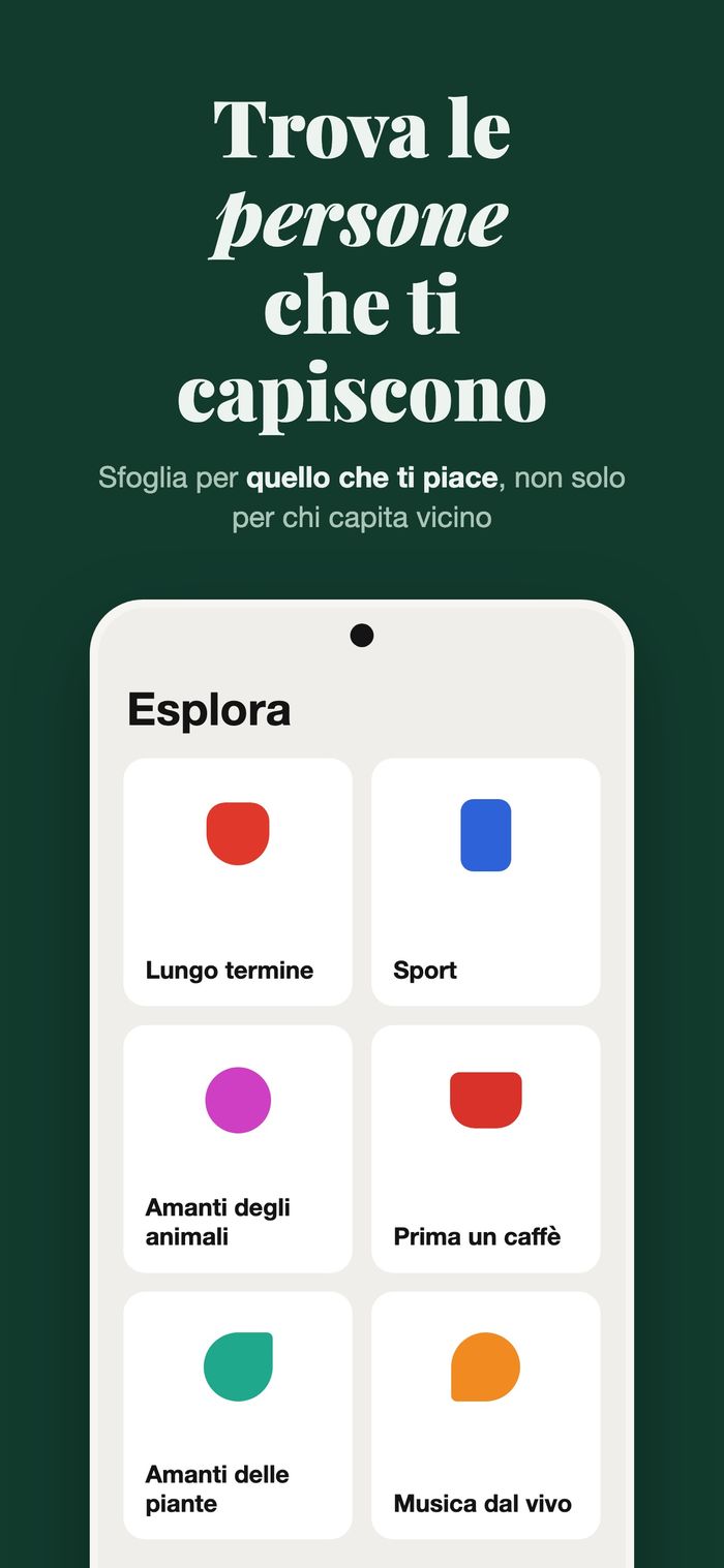La schermata Esplora di Flame con persone raggruppate per Qualcosa di serio, Sport, Con animali, Prima il caffè, Piante e Musica dal vivo