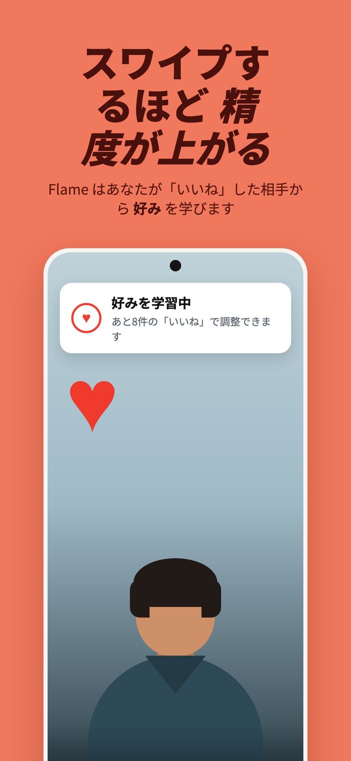 「好みを学習中」のパネルが表示されたプロフィールカード。「スワイプするほど精度が上がります」