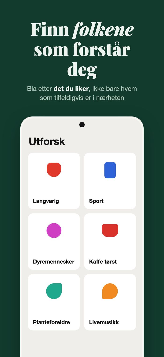 Flames Utforsk-skjerm med folk gruppert etter Noe seriøst, Sport, Med kjæledyr, Kaffe først, Planter og Livemusikk