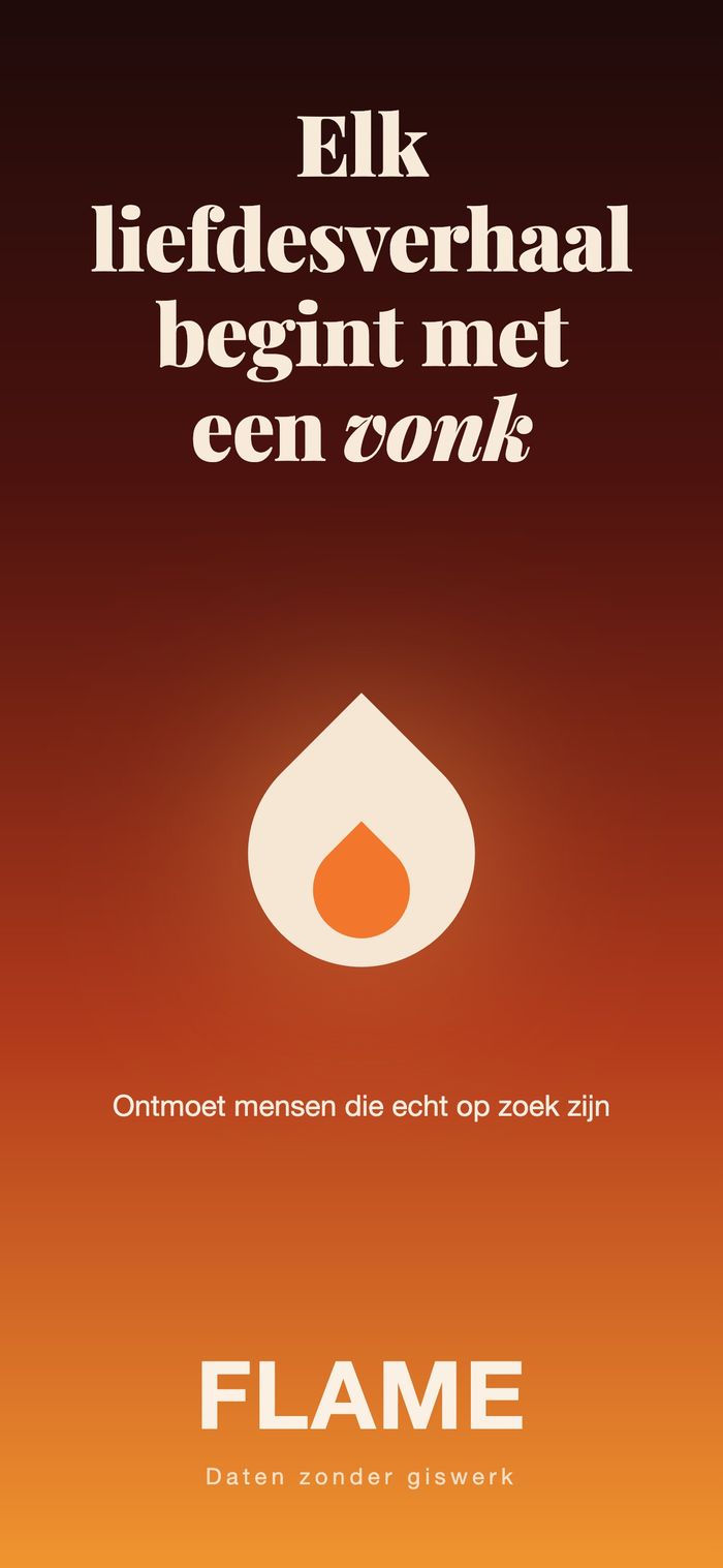 Beginscherm van Flame: de vlam op een warm verloop, onder “Elk liefdesverhaal begint met een vonk”